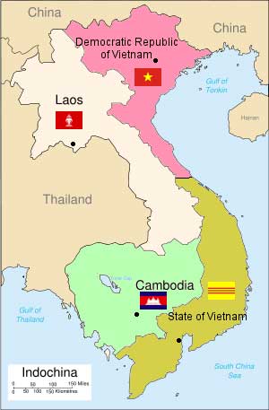 La partición de la Indochina francesa. Los estados nuevos: Reino de Camboya, Reino de Laos, Estado de Vietnam (el futuro Vietnam del Sur), y Vietnam del Norte.